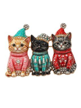 Cute Christmas Cats Enamel Brooch Pin With Rhinestones Gold-Tone